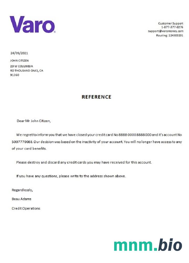Przykład odniesienia do zamknięcia USA Varo w formatach Word i PDF